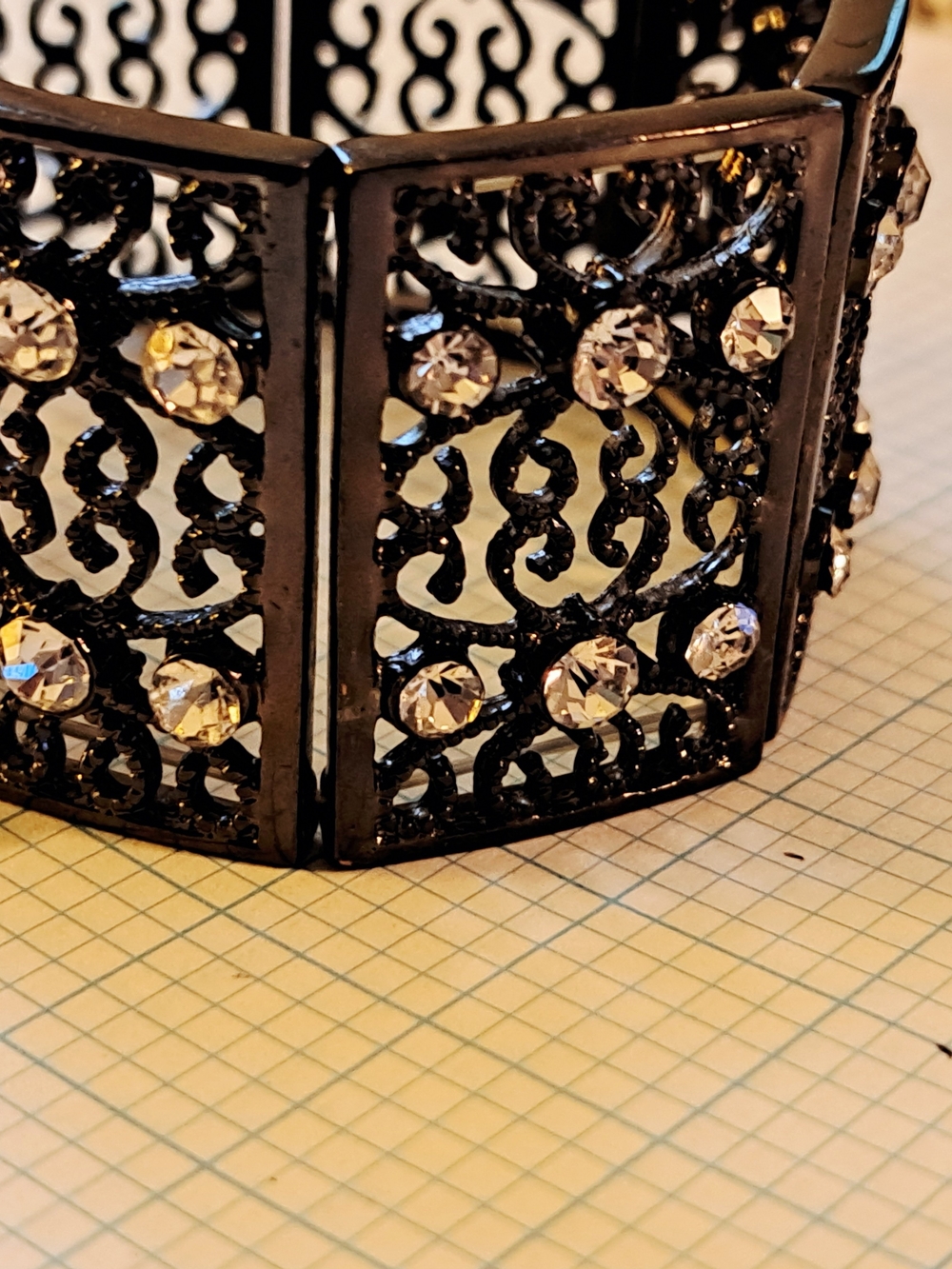 Gunmetak Tone Filigree Crystal Accent Bracelet - Black - Picture 4 of 7